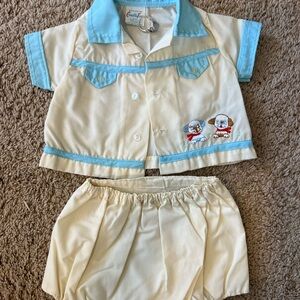 Vintage 70s baby Cradle Togs Cream and Blue Matching Set